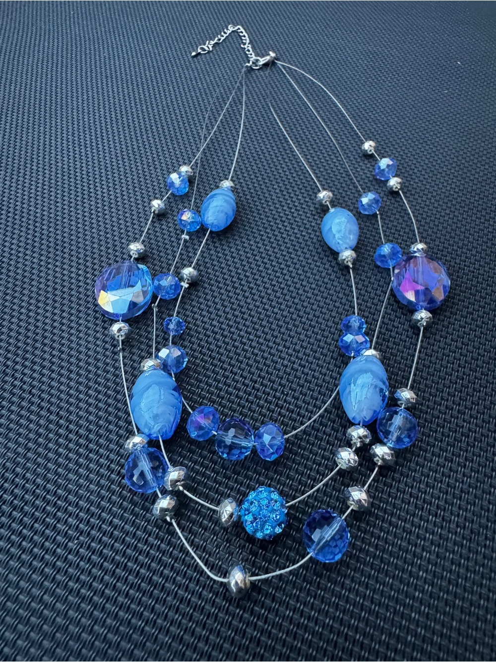 Blue Beaded Layered Multi-Strand Crystal Glass Necklace Lobster Closure 18"